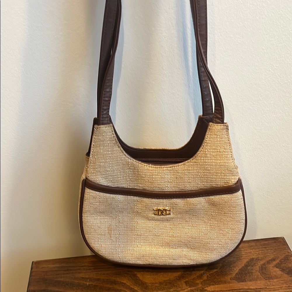 Etienne Aigner Cream and Brown Crescent Shoulder Bag